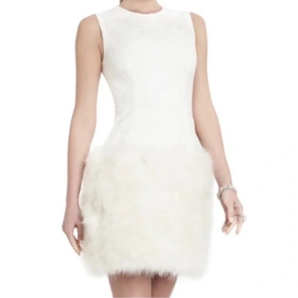 BCBGMaxAria White Brocade Sleeveless Feather/Fur Skirt Mini Dress (Size 6) - Picture 3 of 7
